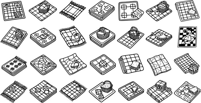 Black and White Line Art Picnic Blankets with Food and Baskets for Outdoors