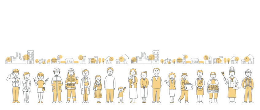 地域の人々と街並み　多様な職業と世代のコミュニティイラスト単色