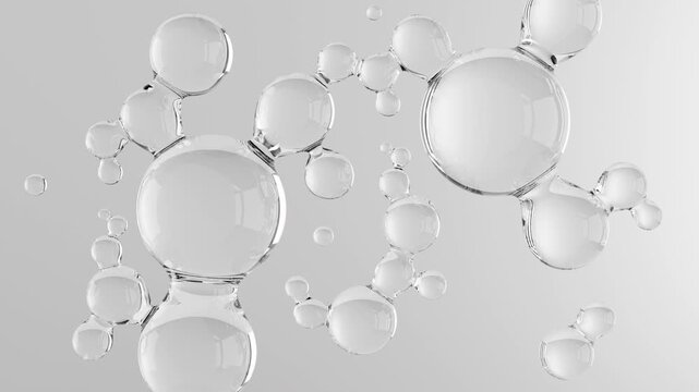 Transparent 3D liquid water drops, bubbles. Structure  molecule. Cosmetic products for skin care. Abstract animation video pattern highlighting purity innovation and advanced formulation.