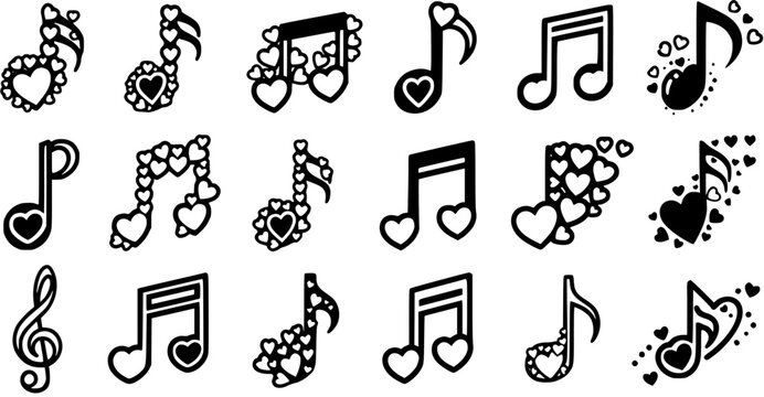 Black and white heart-shaped music notes vector illustration, love song symbols, romantic musical elements