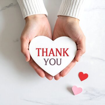 A person holds a heart with 'THANK YOU' on it