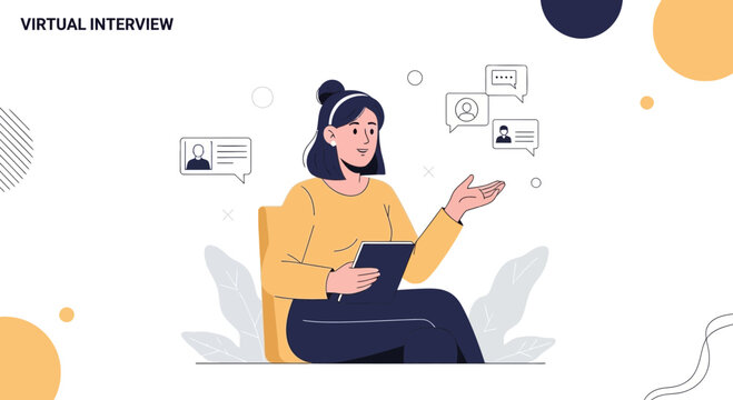 Virtual Interview Concept: Woman Conducting Online Job Interview with Chat Bubbles