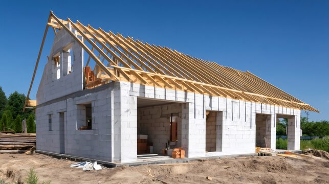 New residential house construction framing a bare roof