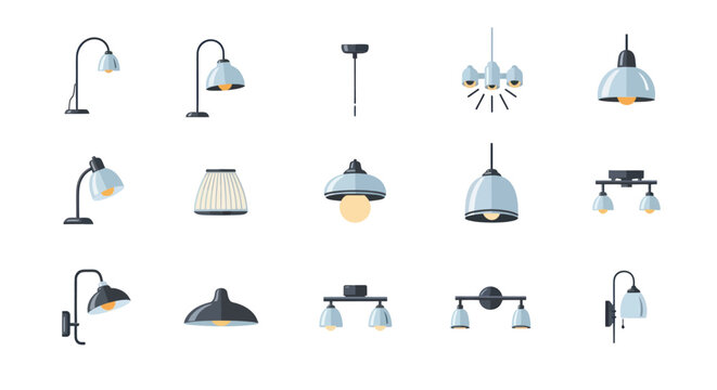 Collection of modern ceiling and desk lamps, chandeliers, and sconces