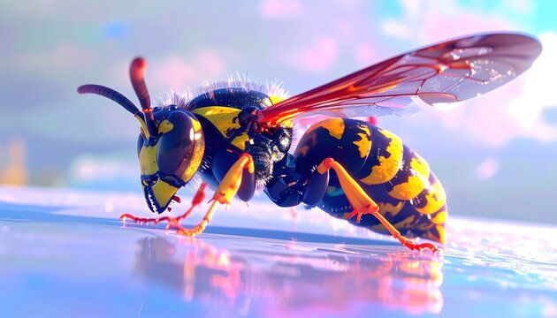 Close-up Macro Shot of a Yellow Jacket Wasp on a Reflective Surface.
