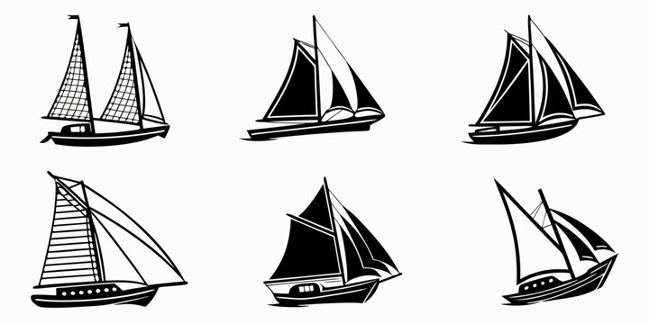 Collection of varied sailboat silhouettes in a graphic icon style depicting different sailing vessels and designs on a white background sailboat nautical silhouette transport adventure