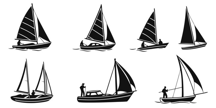 Collection of detailed sailboat silhouettes with crew on board depicted in various sailing positions on water sport sailboat nautical recreation illustration silhouette isolated
