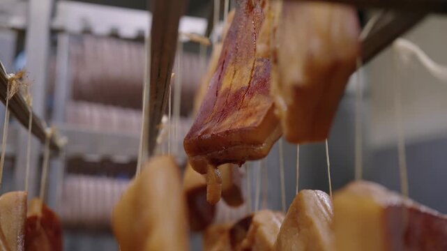 Close up of smoked bacon hanging in a processing facility, traditional cured pork meat drying in rows.