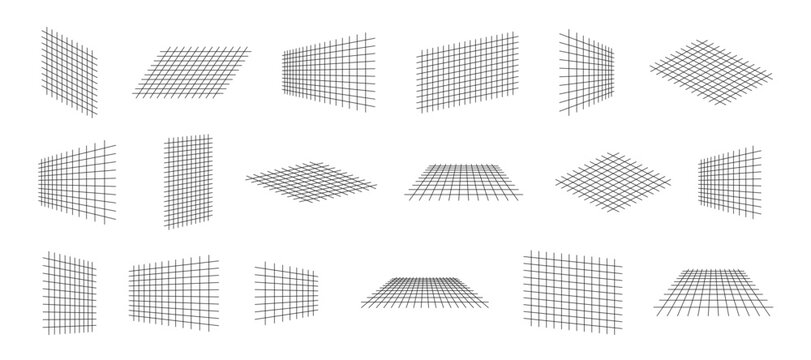 Vector Perspective Grid Collection. 3D Wireframe Plane Elements.
