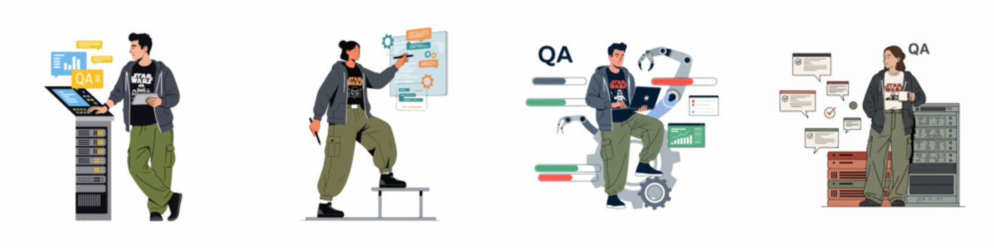 Set of four flat vector illustrations of quality assurance engineers and software developers working with servers, automated systems, and digital interfaces.