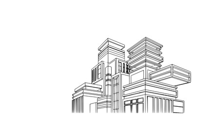 Fototapeta premium Title: Abstract urban building perspective vector illustration with modern architecture black and white 3D outline design
