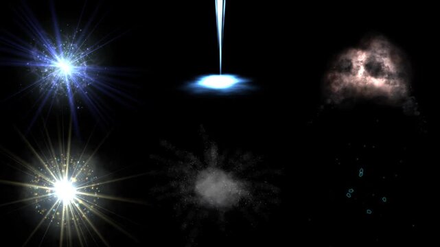 Light burst and explosion effects animation. Lens flare beam smoke blast and spark elements on dark background