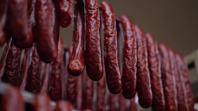 Close up of smoked sausages hanging in rows, traditional cured meat in a food processing facility.
