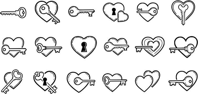 Love and Romance Industry Heart and Key Line Art Icons Set - Hand-Drawn Outline Symbols for Relationships, Security, and Emotional Connection