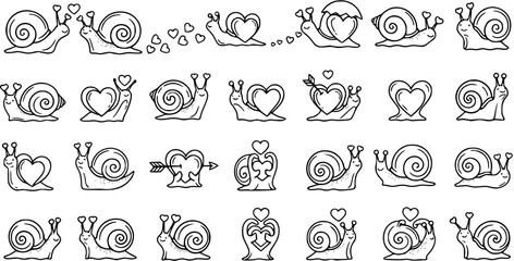 Black and White Line Art Snail Characters with Hearts, Cute Valentines Day Icons © pixsource
