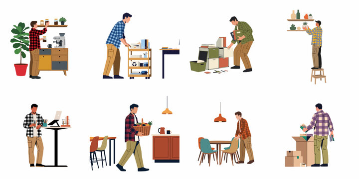Flat vector illustration set of men performing various household and office tasks like organizing, decorating, packing, and working in modern interiors.
