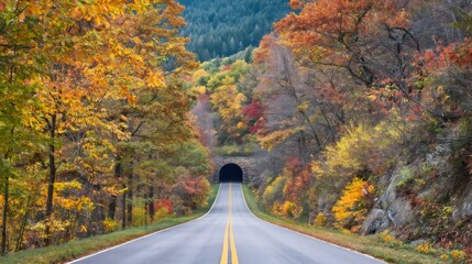 Naklejka premium Blue Ridge Parkway road leading into autumn tunnel
