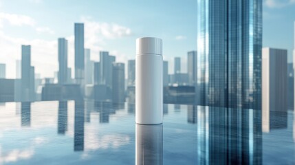 Fototapeta premium Large white cosmetic bottle standing in front of city skyline reflected in water. Urban spf protection, skincare for city life, futuristic beauty.