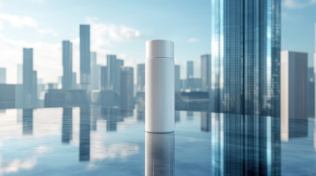 Large white cosmetic bottle standing in front of city skyline reflected in water. Urban spf protection, skincare for city life, futuristic beauty.