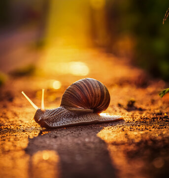 Eine Schnecke kriecht &uuml;ber eine Stra&szlig;e