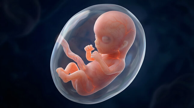 Close-up view of a developing human fetus enclosed within an amniotic sac against a dark background, illustrating early stages of pregnancy and prenatal development