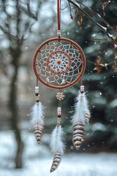 Handmade dreamcatcher with white feathers and beads hanging from a frosty branch, snow falling, blurred winter forest background, peaceful and serene mood