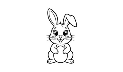 Fototapeta premium Adorable cartoon bunny rabbit sitting upright with a happy expression, black and white line art illustration, cute and playful mood, perfect for children's books or Easter themes.