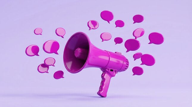 Pink megaphone broadcasting speech bubbles on a light purple background in a modern minimalist style