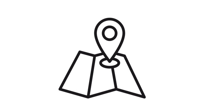 Minimalist black line art vector icon of a folded paper map with a location pin marker, representing navigation, travel destination, and GPS tracking, isolated on a white background illustration.