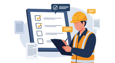 Fototapeta premium Construction Worker Completing Checklist. Safety Inspection. Project Management.