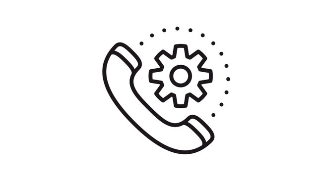 Technical support and phone settings vector icon illustration featuring a black line art telephone handset with a gear cogwheel and decorative dots, ideal for customer service and maintenance.