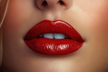Naklejka premium close-up of glossy red lips slightly parted revealing teeth with smooth skin, hint of nose and blonde hair strand, conveying sensual and alluring mood
