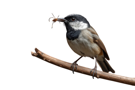 Coal tit bird perching on a branch, holding an insect in its beak, wildlife feeding, transparent background