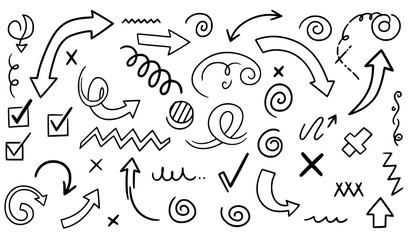 Fototapeta premium Hand drawn doodle arrows and sketch symbols vector collection with dynamic freehand decorative elements isolated on white