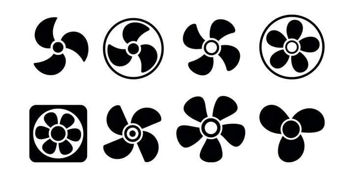 Fan icon set black and white collection showing different ventilation cooling fan styles airflow symbols clean modern vector design