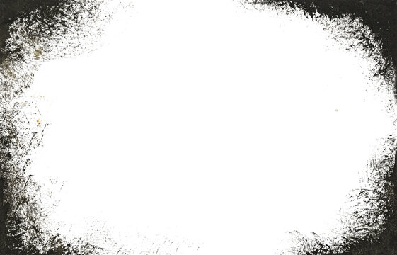 White blank center with distressed black grunge border frame, splatter texture, vignette edges, high contrast background for text or design.