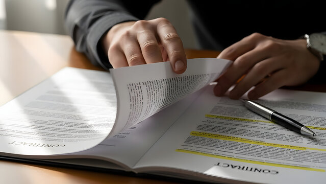 A businessman reviewing and turning pages of a professional document with a pen.