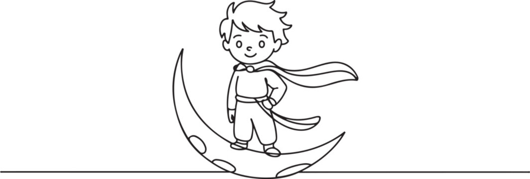 cute cartoon little prince fairy tale boy character standing on a moon. one line icon drawing vector
