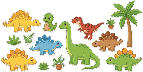 Cute Dinosaur Cartoon Set with Stegosaurus T Rex and Brachiosaurus Characters with Tropical Plants for Kids Education and Nursery Design © Mdsabbir