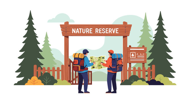 Two hikers with large backpacks stand before the wooden gate of a Nature Reserve while studying a map to plan their forest adventure.