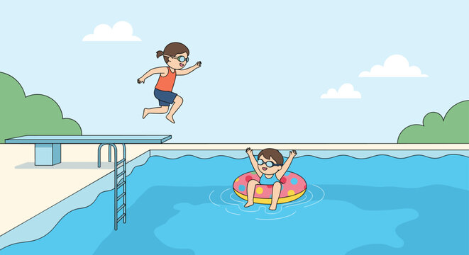 Young girl jumps from a diving board into a swimming pool while another child floats happily on a colorful inflatable ring nearby.