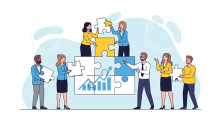 Fototapeta premium Teamwork puzzle collaboration, business people building strategy with charts and graphs
