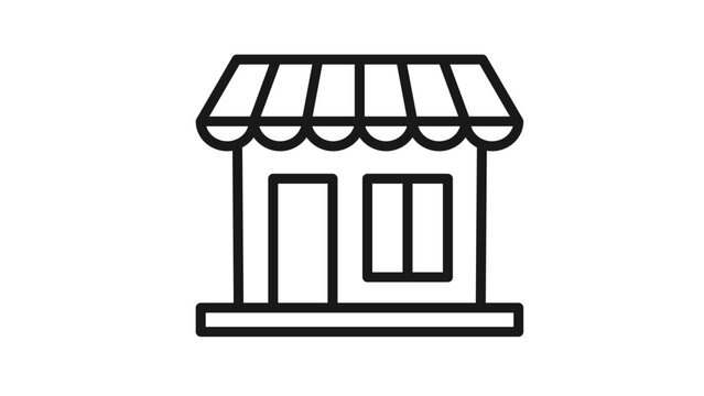 Minimalist black line art vector icon illustration of a small retail store or boutique shop building featuring a striped awning, door, and window, perfect for business and commerce graphics.