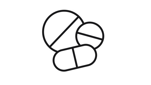 Pharmaceutical tablet and softgel variety pack vector. Minimalist black graphic of oral medications for clinical prescription use, pharmacy retail branding, and wellness therapy icons.
