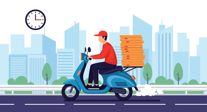 Fast food delivery courier riding a blue scooter with a stack of pizza boxes against a modern city skyline and morning sun.