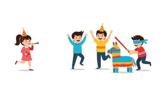 Happy children celebrating birthday party with colorful pinata game while one girl blows a horn and others cheer together.