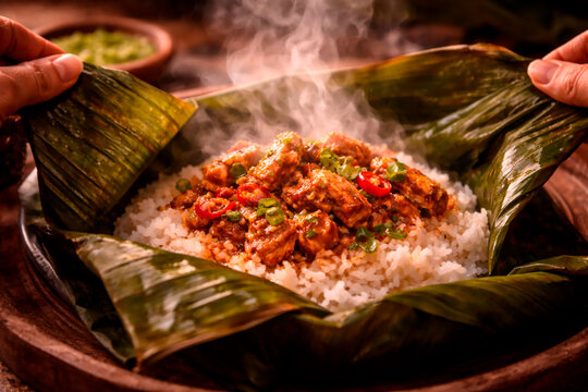 Steaming hot pork adobo with rice served in banana leaves, presented with hands
