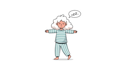 Fototapeta premium Young girl in striped pajamas sleepwalking with her arms extended and eyes closed in a state of deep somnambulism tonight.
