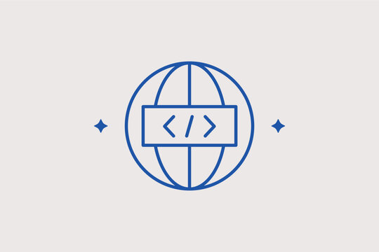World globe with programming brackets inside highlights global software development. Sophisticated Vector Illustration is perfect for international coding and tech connectivity.