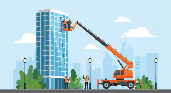 Professional window cleaners working on a high-rise skyscraper using a hydraulic cherry picker crane in a city environment.